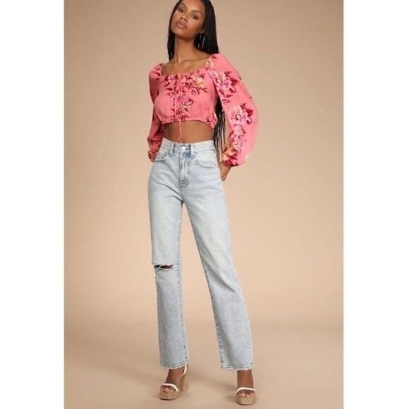 NWT Lulus Cheerful Disposition Pink Floral Print Lace-Up Crop Top Size Small - Picture 6 of 11